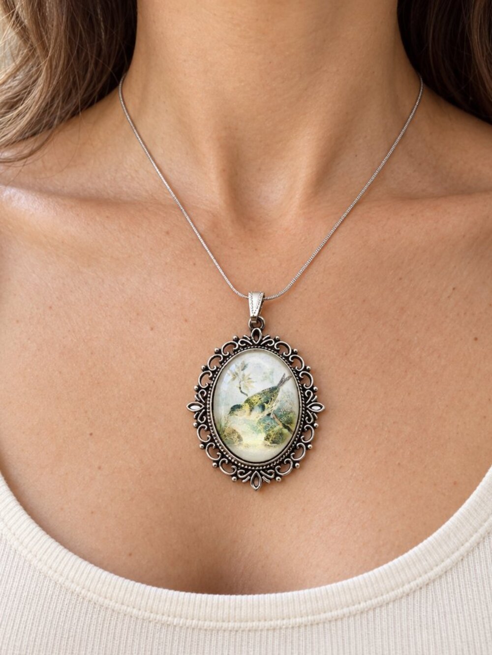 Vintage-Inspired Bird Glass Cabochon Necklace
